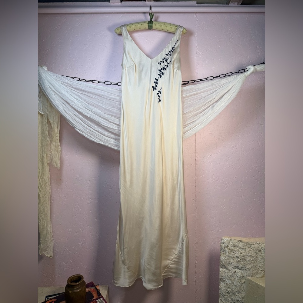 vintage silk slip dress cream ivory embroidered bias cut midi 90s minimalist